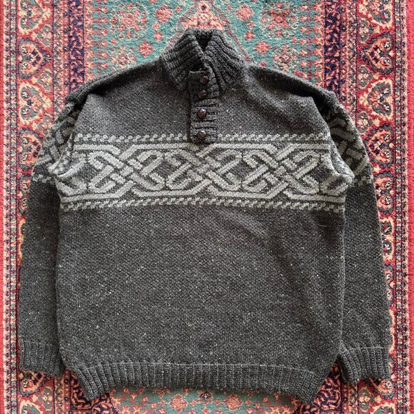Carraig Donn Donegal Henley Sweater Size XL 24x28 100% Wool Trinity Knot Celtic - Picture 1 of 6